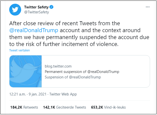 Knipsel tweet Trump verbannen