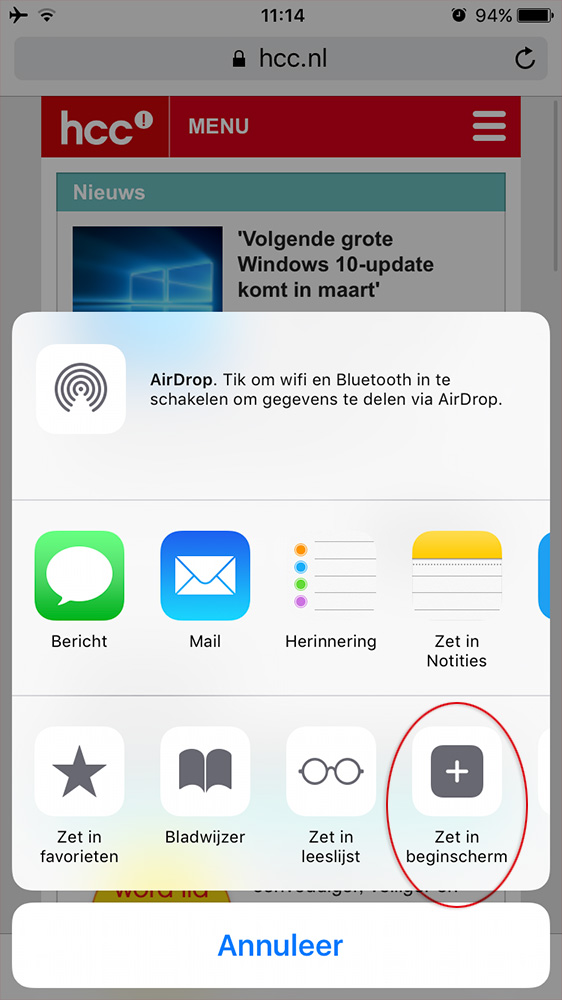screenshot iphone snelkoppeling op beginscherm